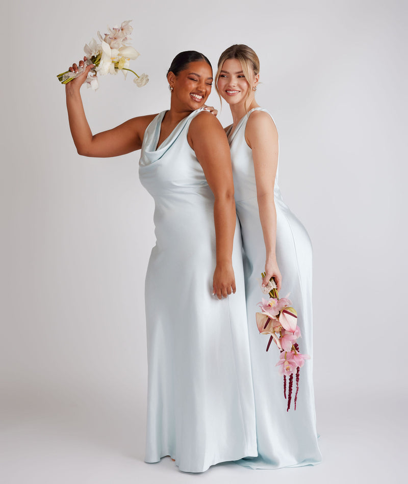 Cowl Front Satin Bridesmaid Dress - Ice Blue