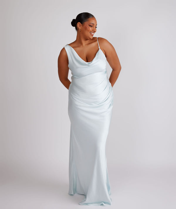 Cowl Front Asymmetrical Satin Bridesmaid Dress - Ice Blue