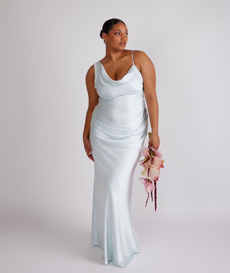 Cowl Front Asymmetrical Satin Bridesmaid Dress - Ice Blue