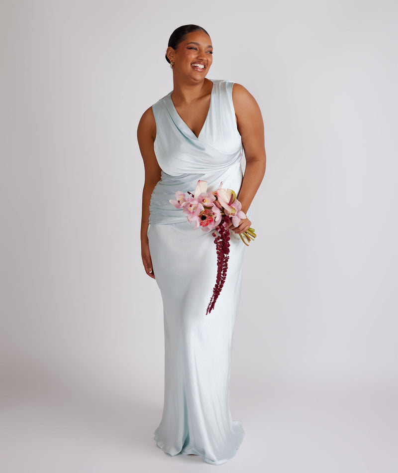 Plunge Drape Detail Satin Bridesmaid Dress - Ice Blue