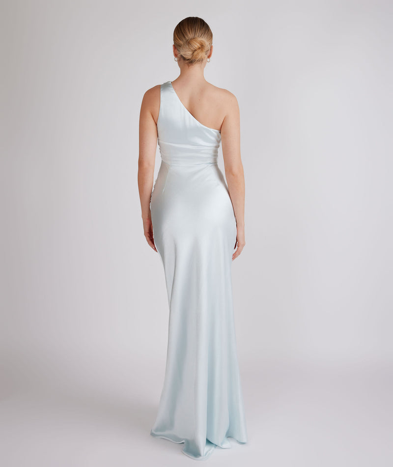 One Shoulder Gathered Satin Bridesmaid Dress - Ice Blue