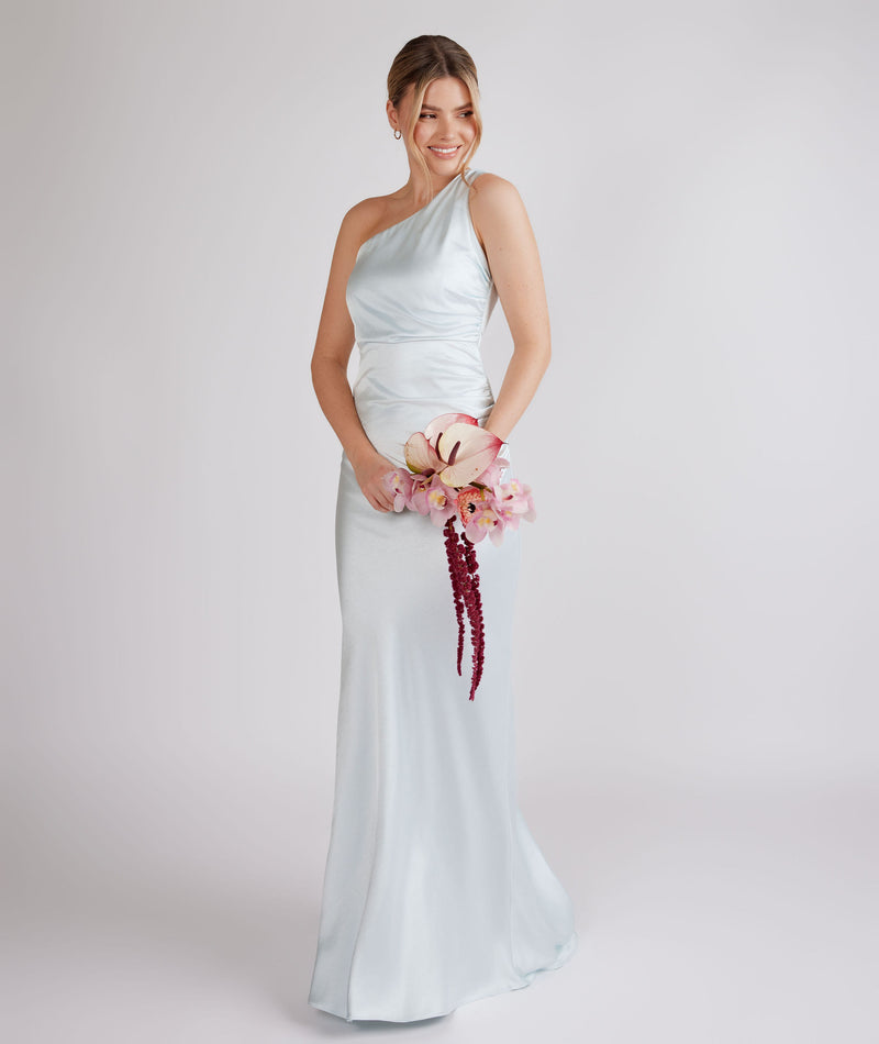 One Shoulder Gathered Satin Bridesmaid Dress - Ice Blue