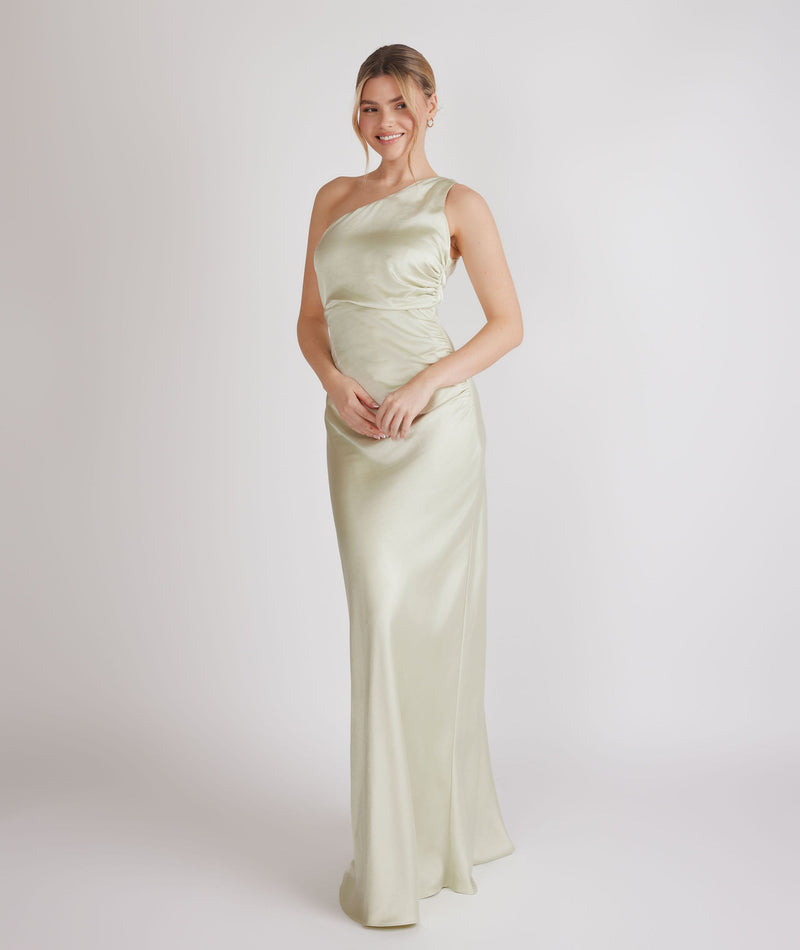 One Shoulder Gathered Satin Bridesmaid Dress - Pear Green