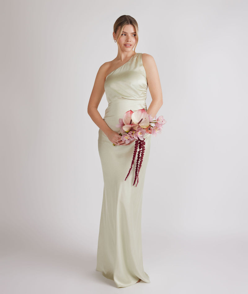 One Shoulder Gathered Satin Bridesmaid Dress - Pear Green