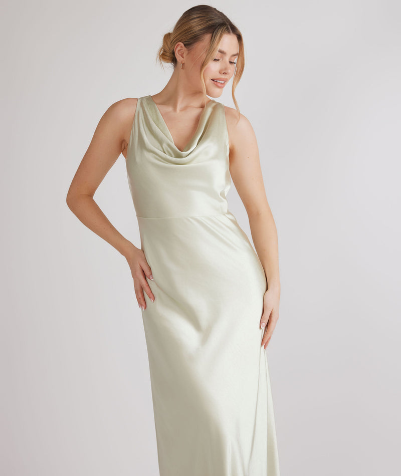 Cowl Front Satin Bridesmaid Dress - Pear Green