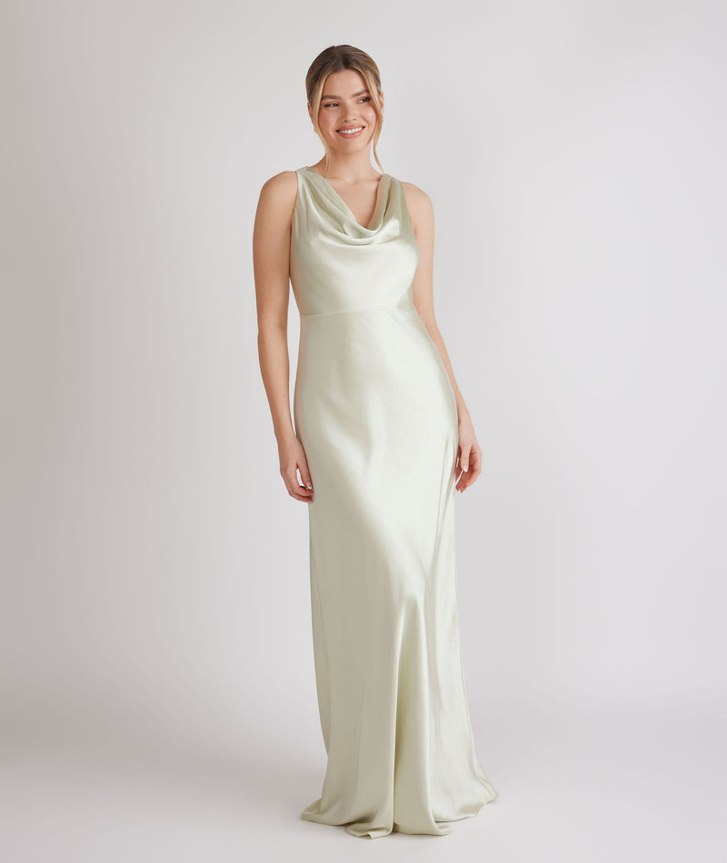 Cowl Front Satin Bridesmaid Dress - Pear Green