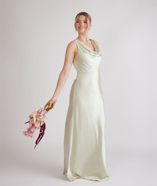 Cowl Front Satin Bridesmaid Dress - Pear Green