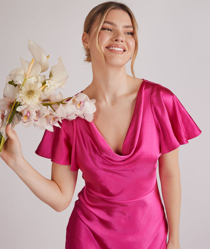 Cowl Front Flutter Sleeve Satin Bridesmaid Dress - Fuchsia Pink