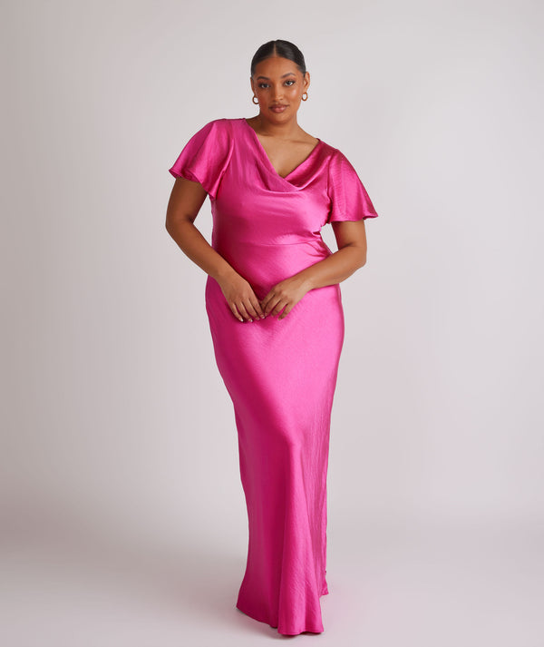 Cowl Front Flutter Sleeve Satin Bridesmaid Dress - Fuchsia Pink