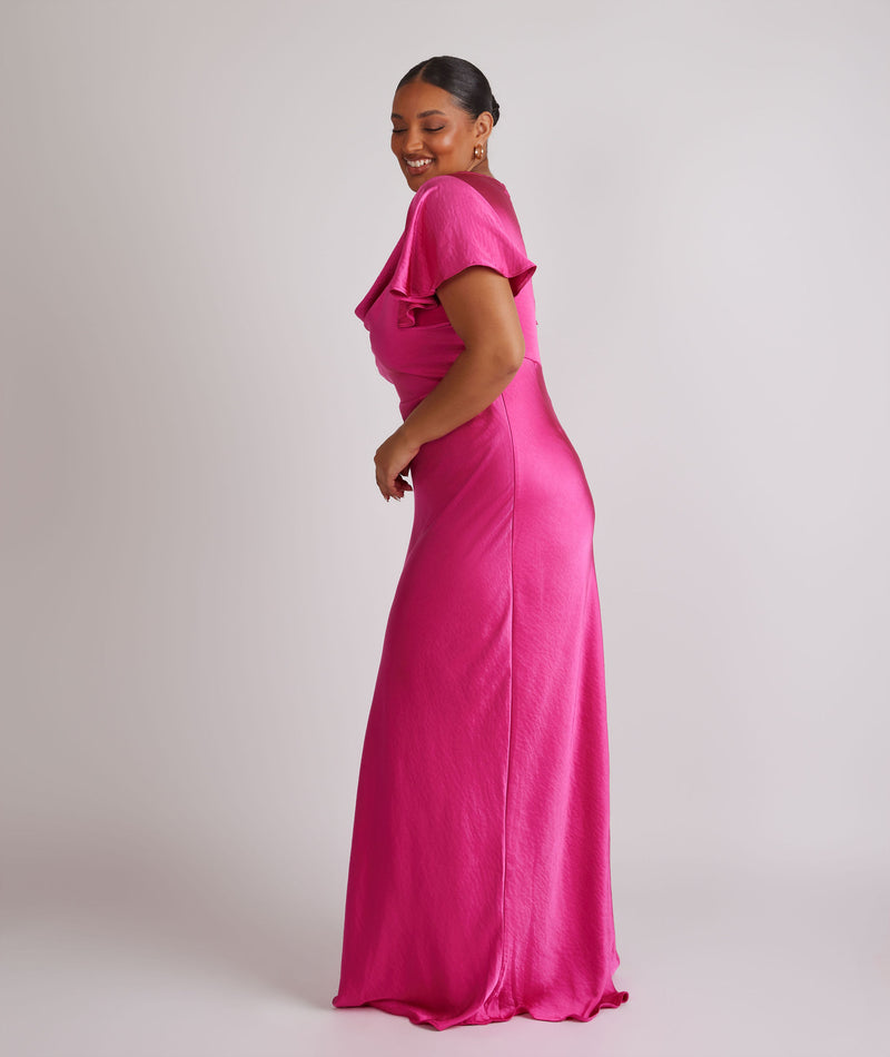 Cowl Front Flutter Sleeve Satin Bridesmaid Dress - Fuchsia Pink