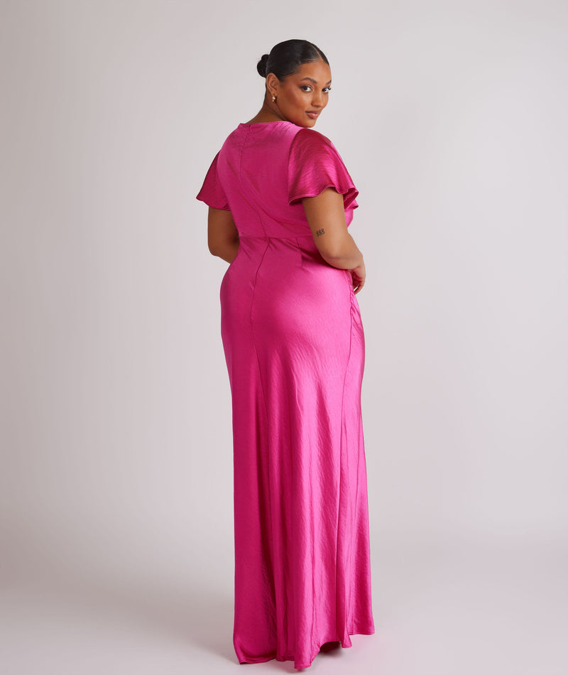 Cowl Front Flutter Sleeve Satin Bridesmaid Dress - Fuchsia Pink