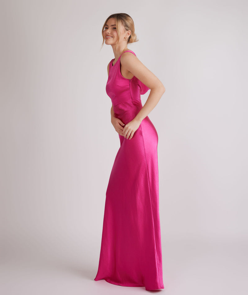 Cowl Back Satin Bridesmaid Dress - Fuchsia Pink