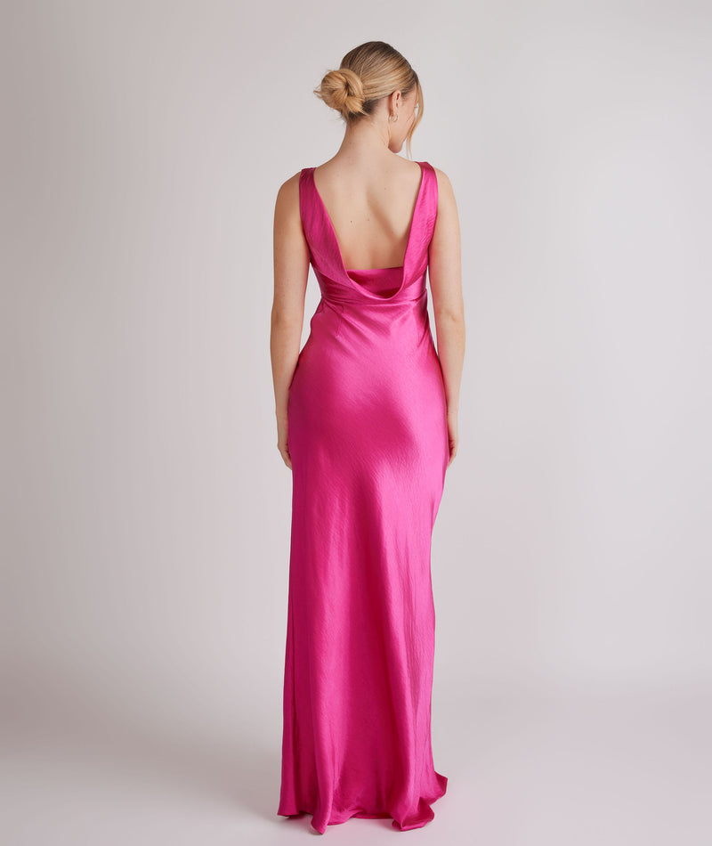 Cowl Back Satin Bridesmaid Dress - Fuchsia Pink