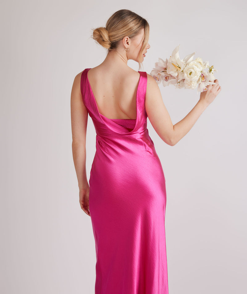 Cowl Back Satin Bridesmaid Dress - Fuchsia Pink