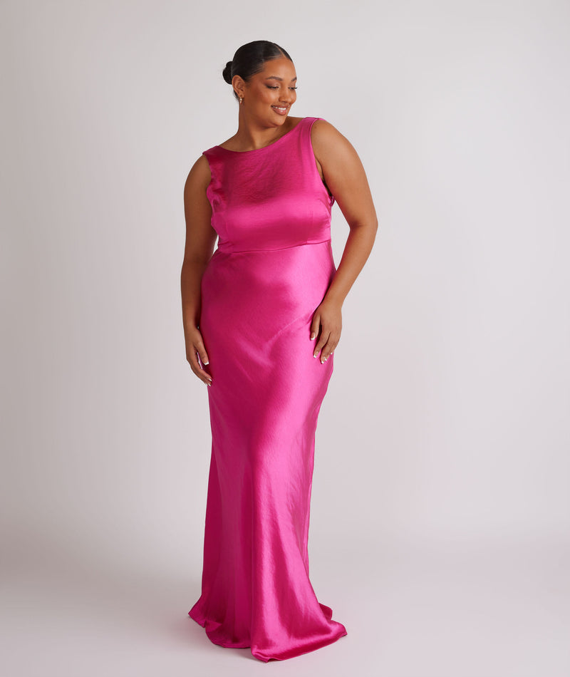 Cowl Back Satin Bridesmaid Dress - Fuchsia Pink