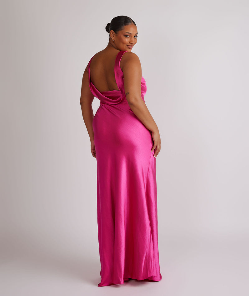 Cowl Back Satin Bridesmaid Dress - Fuchsia Pink