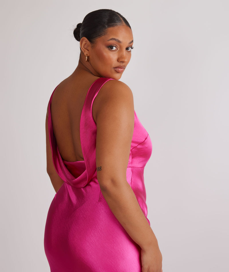 Cowl Back Satin Bridesmaid Dress - Fuchsia Pink