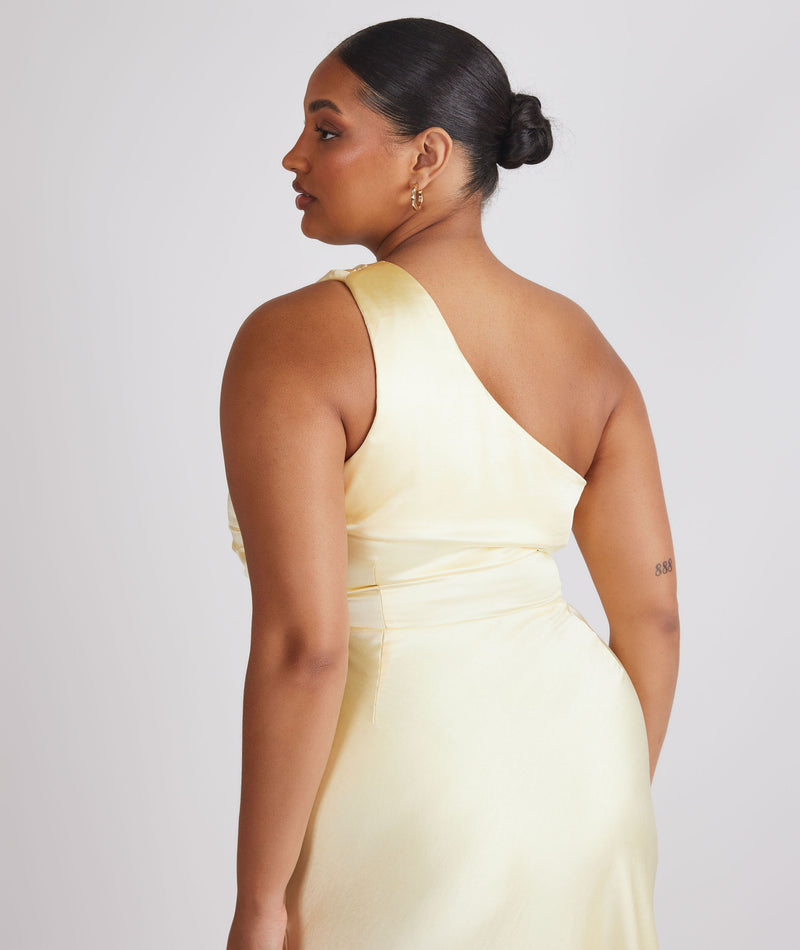 One Shoulder Gathered Satin Bridesmaid Dress - Butter Lemon