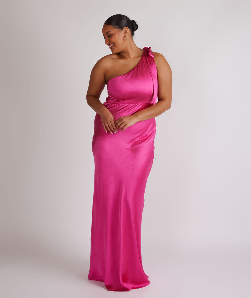 Bow One Shoulder Satin Bridesmaid Dress - Fuchsia Pink