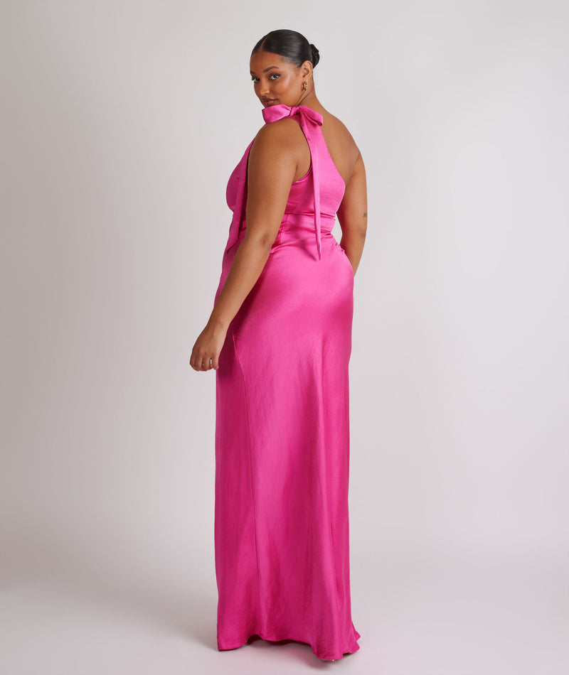 Bow One Shoulder Satin Bridesmaid Dress - Fuchsia Pink