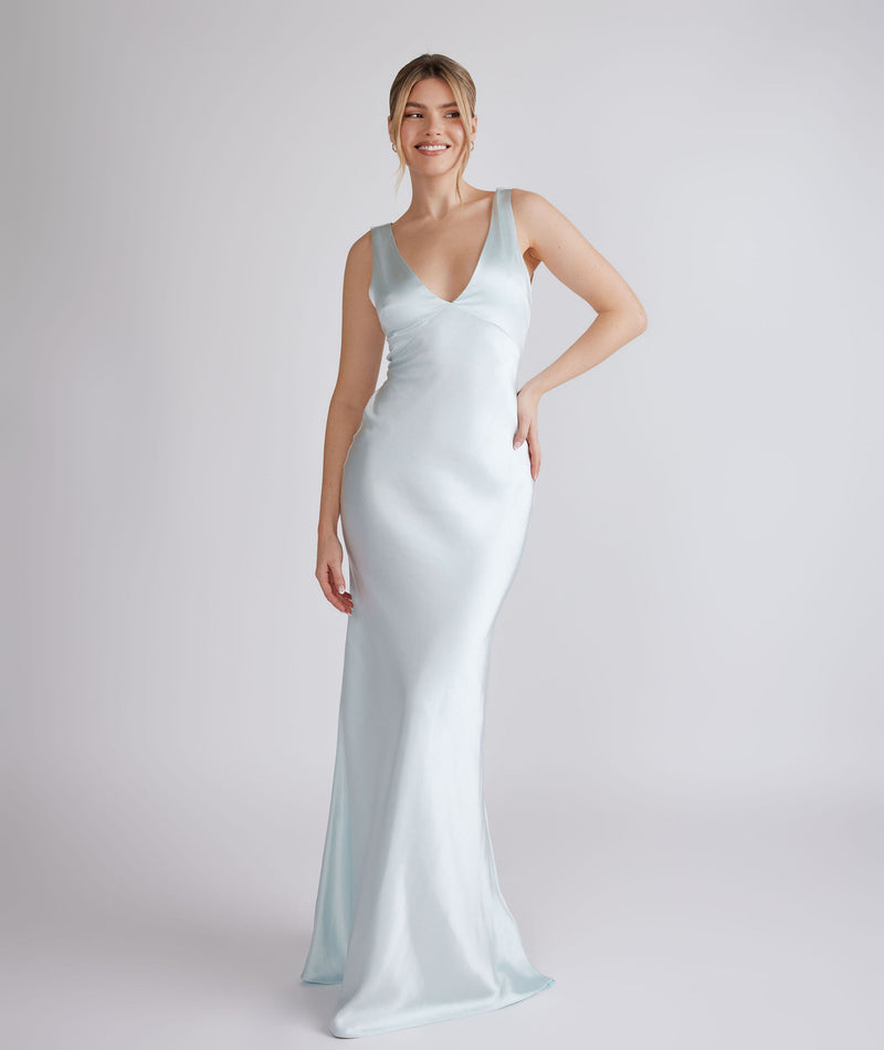 Twist Back Satin Bridesmaid Dress - Ice Blue