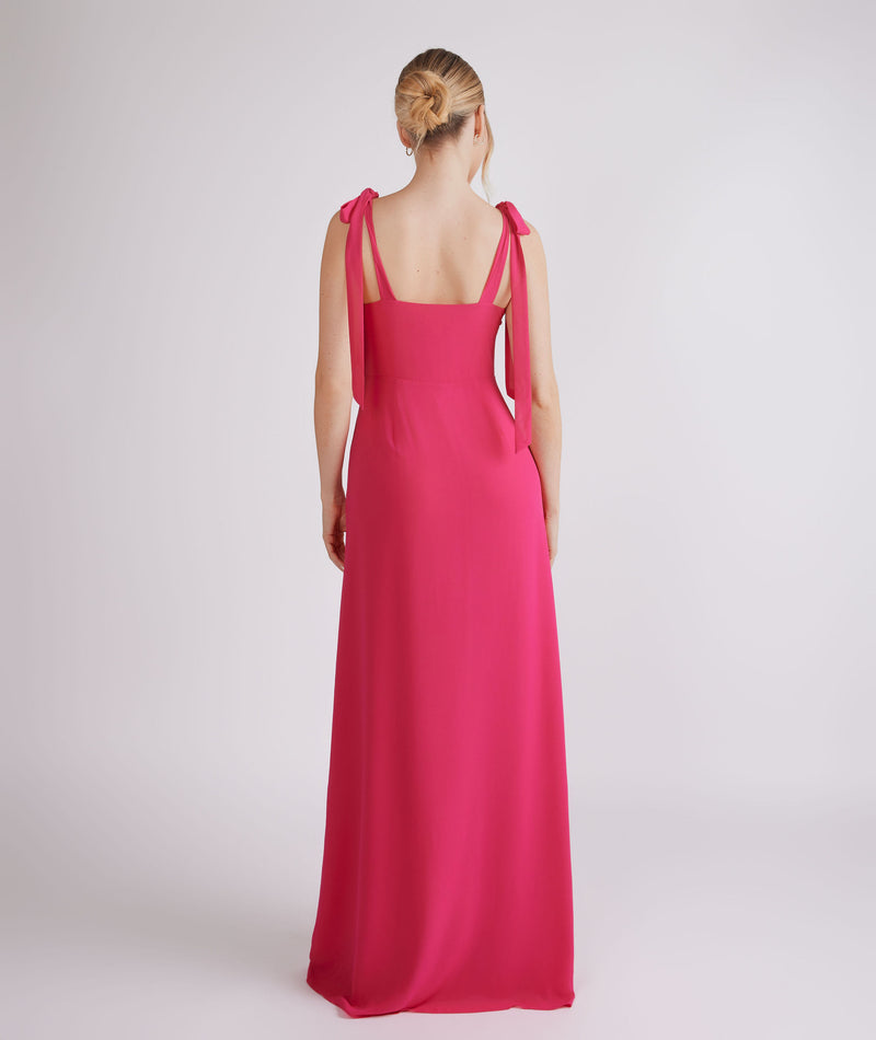 Bow Tie Shoulder Chiffon Bridesmaid Dress - Fuchsia Pink