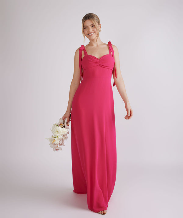 Bow Tie Shoulder Chiffon Bridesmaid Dress - Fuchsia Pink