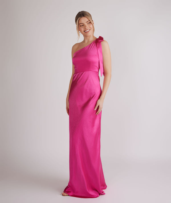 Bow One Shoulder Satin Bridesmaid Dress - Fuchsia Pink