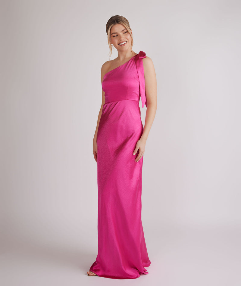 Bow One Shoulder Satin Bridesmaid Dress - Fuchsia Pink