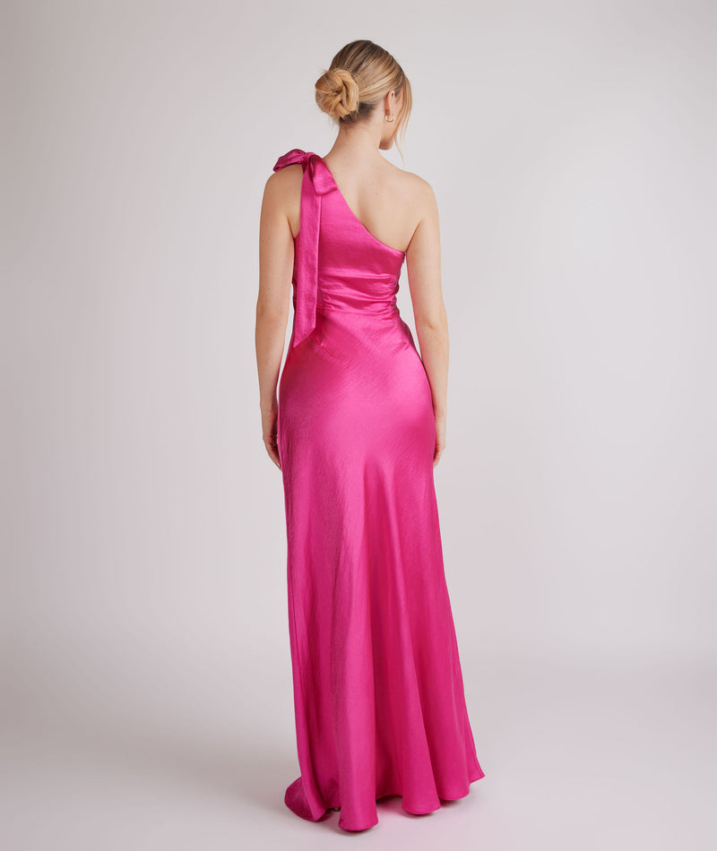 Bow One Shoulder Satin Bridesmaid Dress - Fuchsia Pink