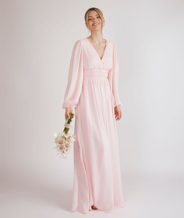 Balloon Sleeve Chiffon Bridesmaid Dress - Pale Pink