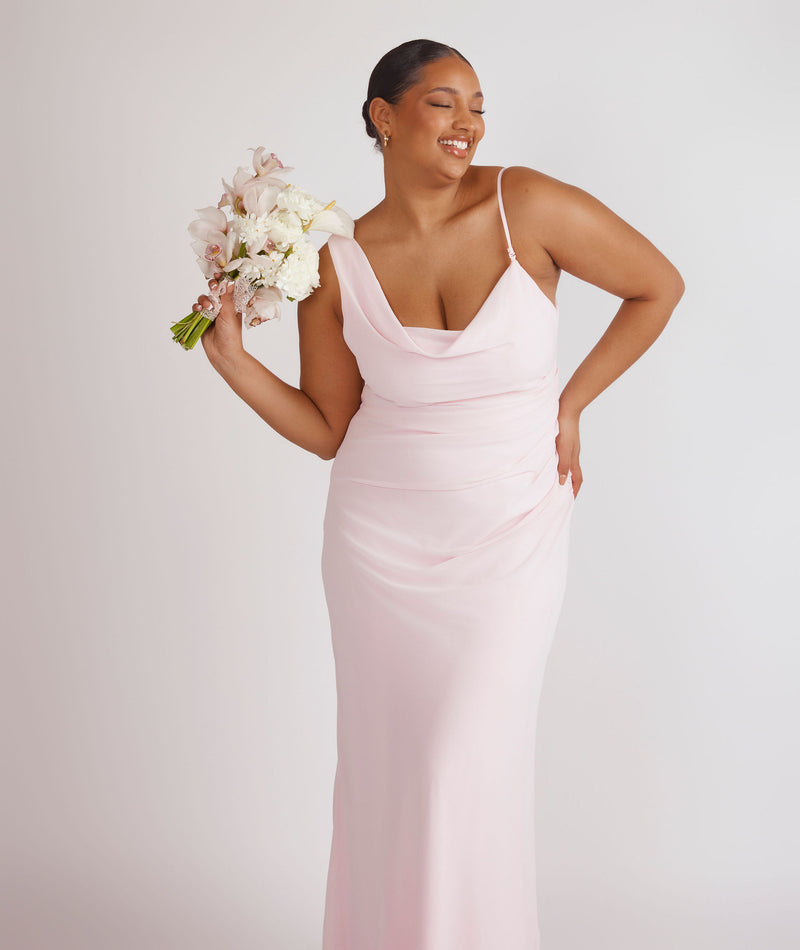 Cowl Front Asymmetrical Chiffon Bridesmaid Dress - Pale Pink