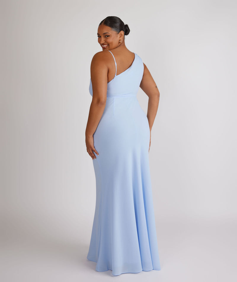 Cowl Front Asymmetrical Chiffon Bridesmaid Dress - Cornflower Blue