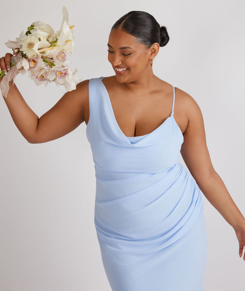 Cowl Front Asymmetrical Chiffon Bridesmaid Dress - Cornflower Blue