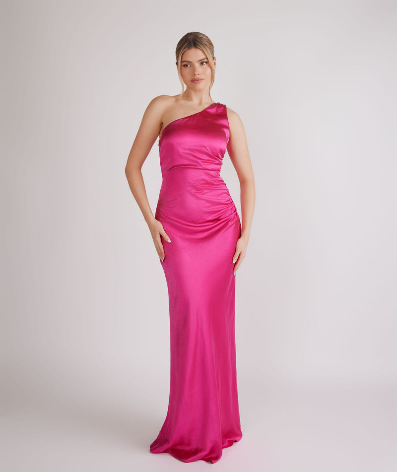 One Shoulder Gathered Satin Bridesmaid Dress - Fuchsia Pink