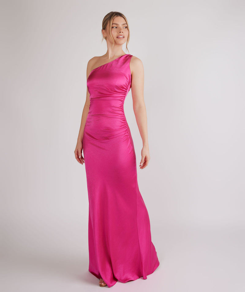 One Shoulder Gathered Satin Bridesmaid Dress - Fuchsia Pink