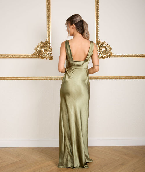 Cowl Back Satin Bridesmaid Dress - Moss Green | Occasion Dress – Six ...