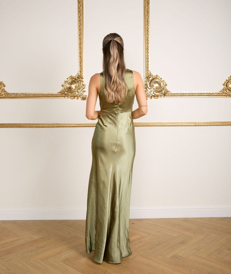 Cowl Front Satin Bridesmaid Dress - Moss Green