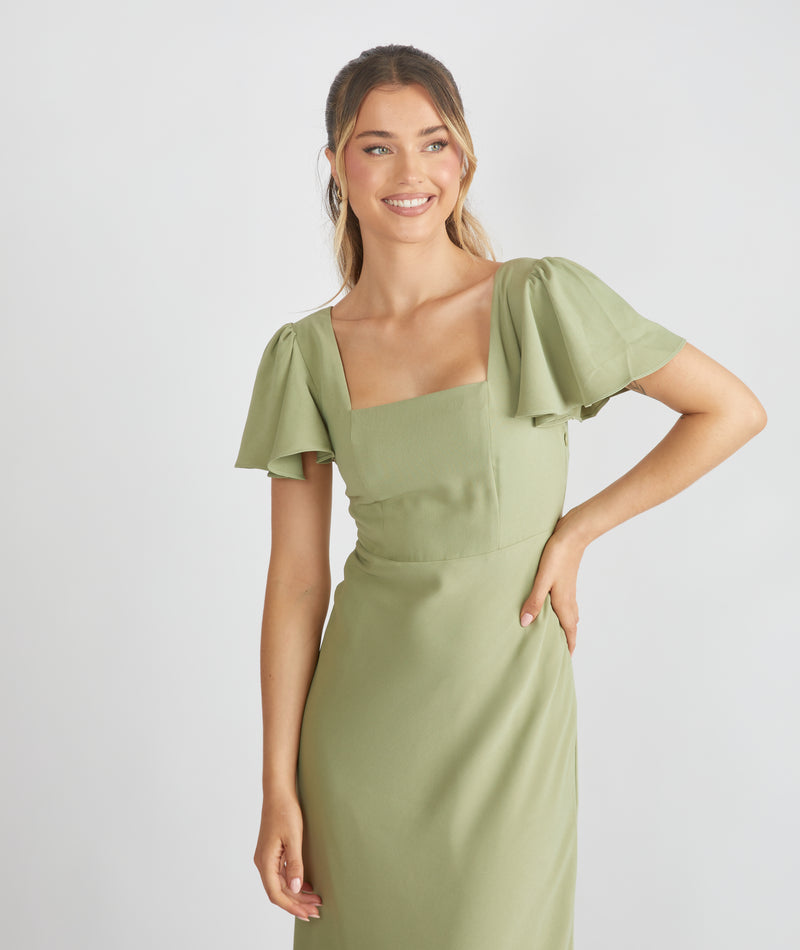 Square Neck Flutter Sleeve Crepe Bridesmaid Dress - Sage