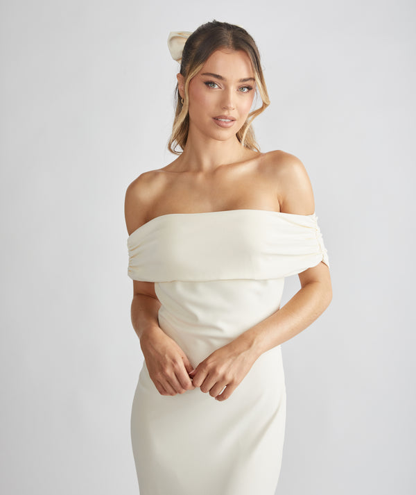 Bardot Gathered Crepe Bridesmaid Dress - Almond