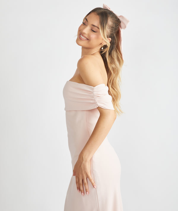 Bardot Gathered Crepe Bridesmaid Dress - Blush