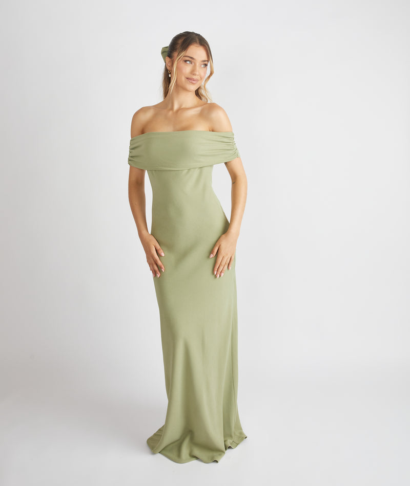 Bardot Gathered Crepe Bridesmaid Dress - Sage