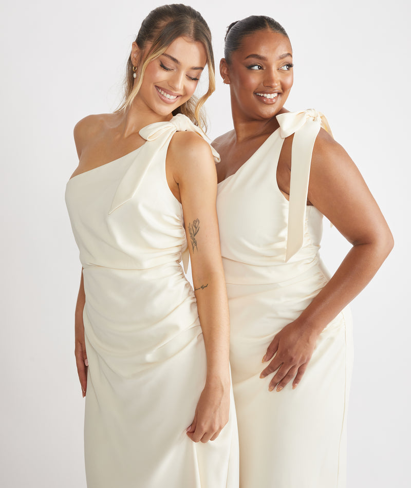 Bow One Shoulder Gathered Crepe Bridesmaid Dress - Almond