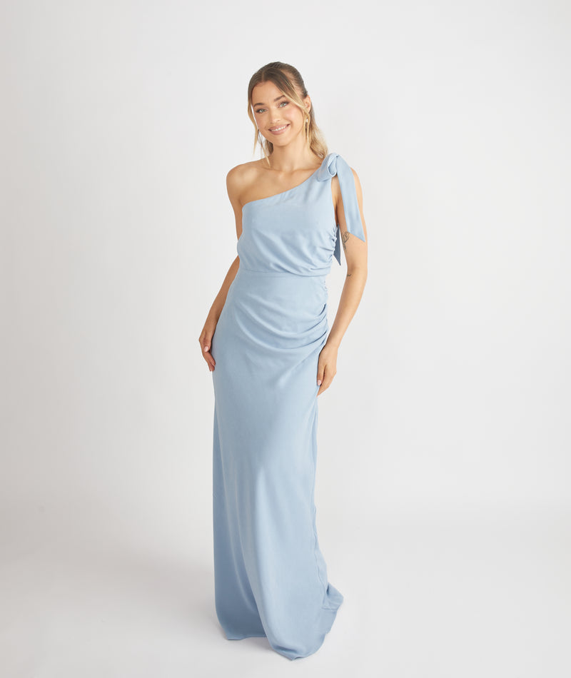 Bow One Shoulder Gathered Crepe Bridesmaid Dress - Pale Blue