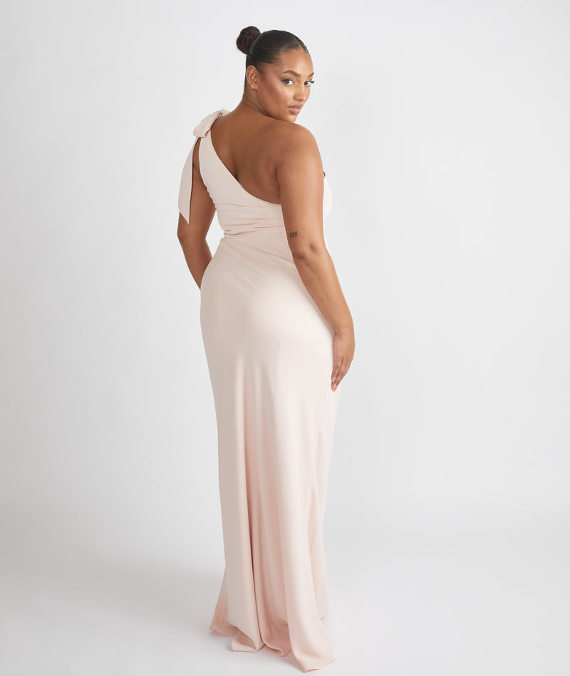 Bow One Shoulder Gathered Crepe Bridesmaid Dress - Blush