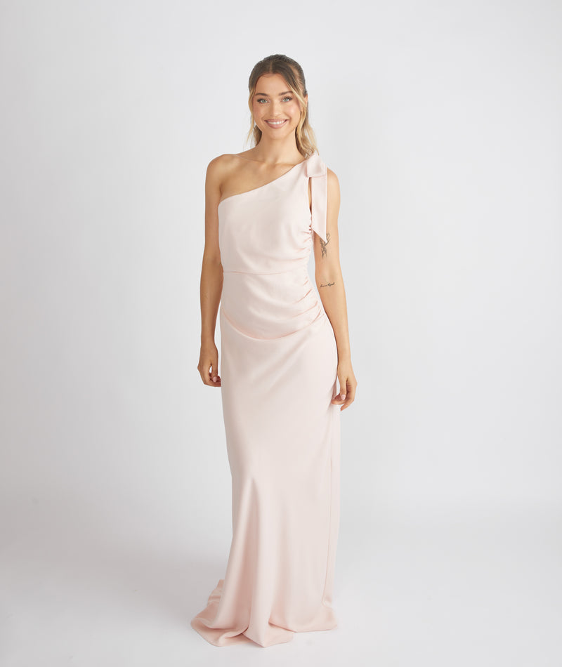 Bow One Shoulder Gathered Crepe Bridesmaid Dress Blush Six Stories