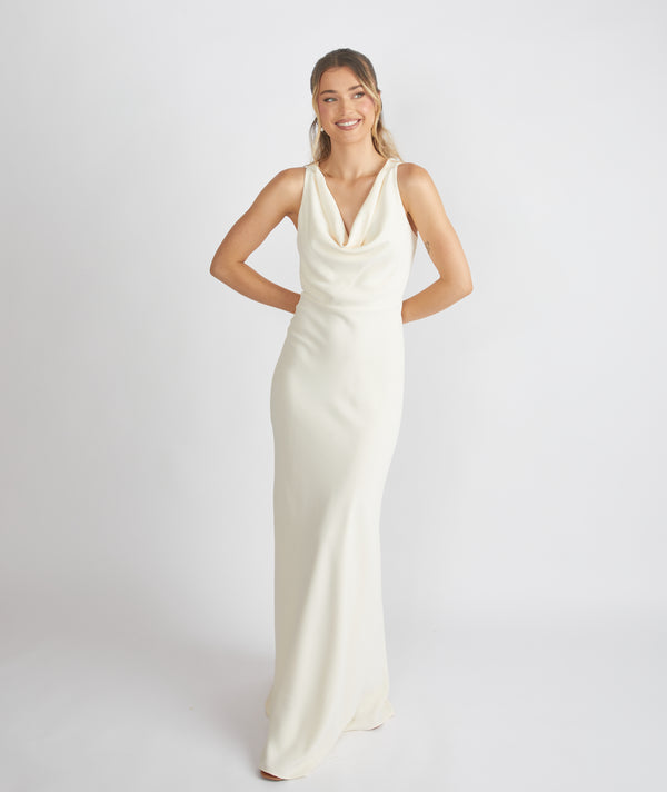 Cowl Front Crepe Bridesmaid Dress - Almond