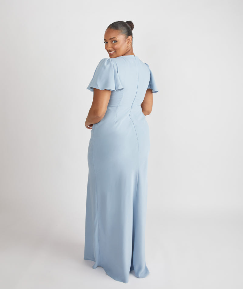 Flutter Sleeve Crepe Bridesmaid Dress - Pale Blue