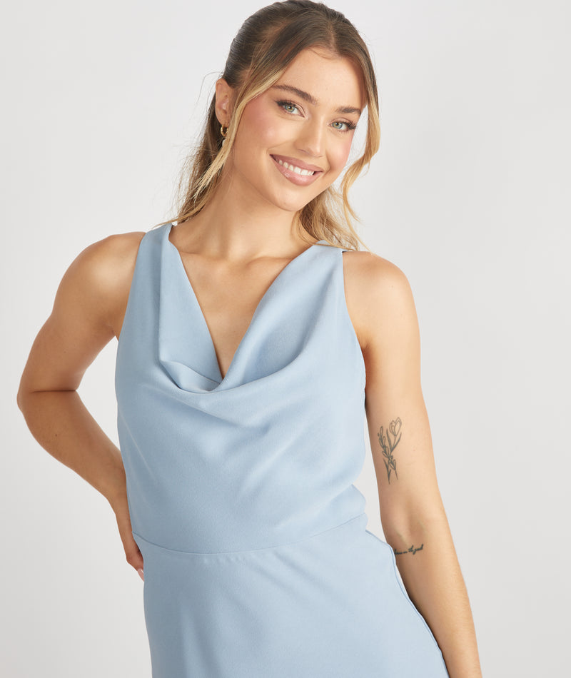 Cowl Front Crepe Bridesmaid Dress - Pale Blue