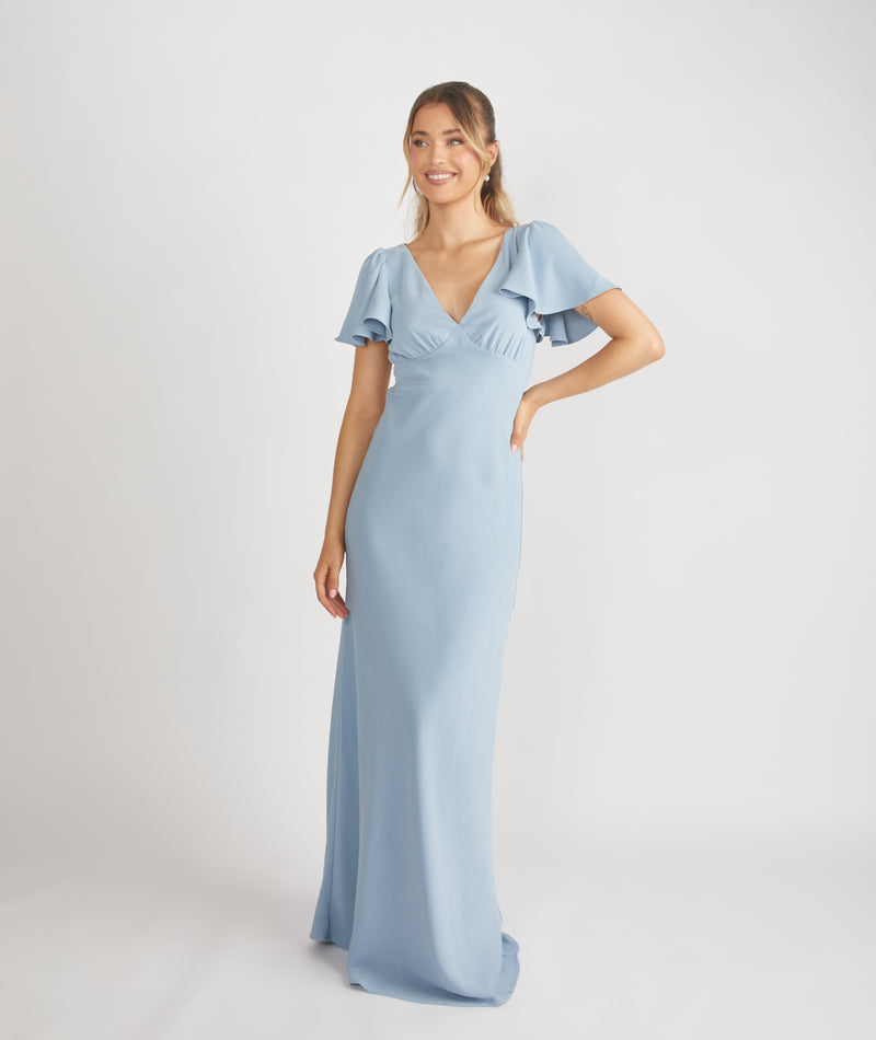 Flutter Sleeve Crepe Bridesmaid Dress - Pale Blue